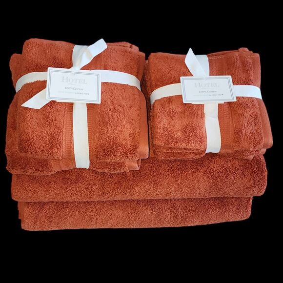 Hotel 8pc Autumnal Rust Color Cotton Towel Set 2 Bath 2 Hand 4Tip Made in Green - Picture 1 of 15